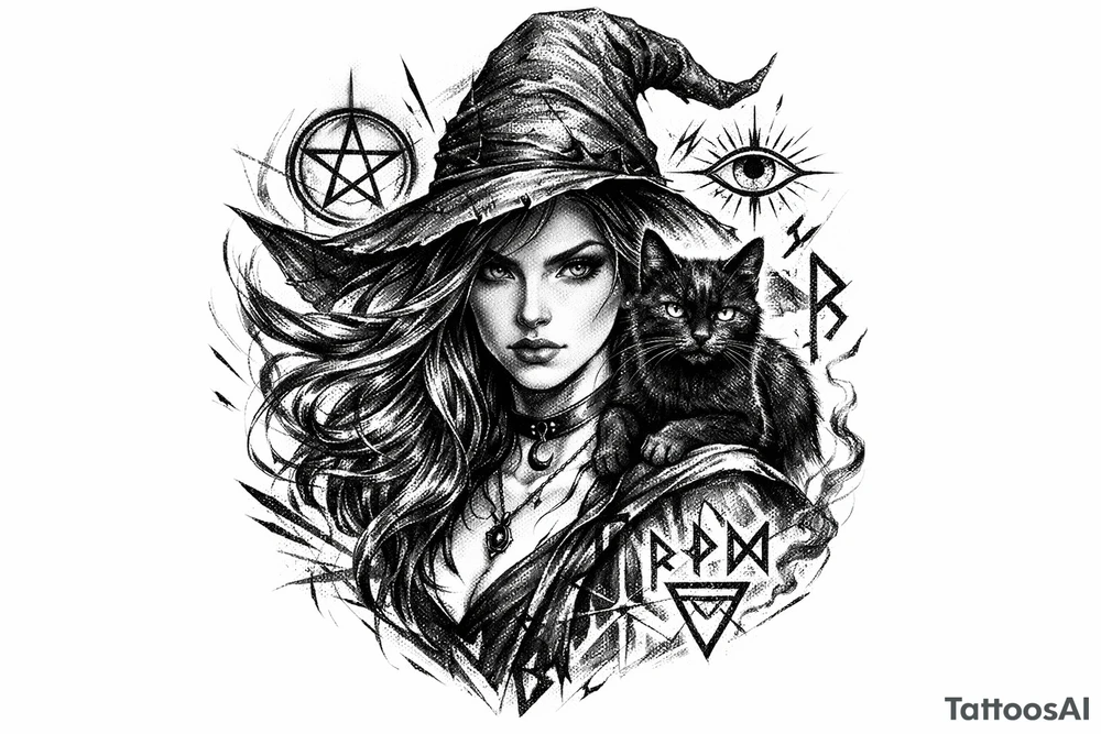 Young witch with flowing hair, a black cat perched on her shoulder, surrounded by glowing magical runes. tattoo idea
