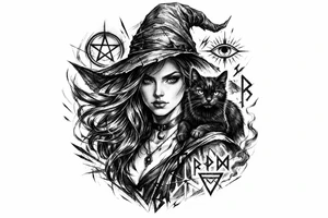 Young witch with flowing hair, a black cat perched on her shoulder, surrounded by glowing magical runes. tattoo idea