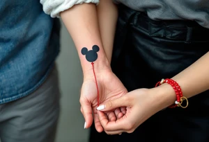 One wears a hand holding a red string of fate, the other the string continuing into their hand, connecting both wrists. tattoo idea