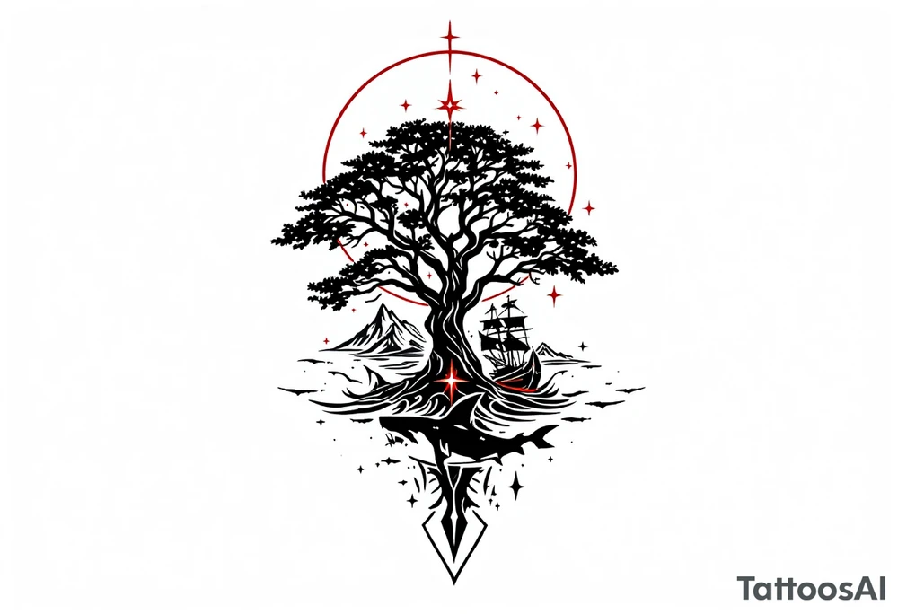 tattoo that has an acacia tree with mountains, ocean with a ship wreck with sharks and the bright northern star tattoo idea