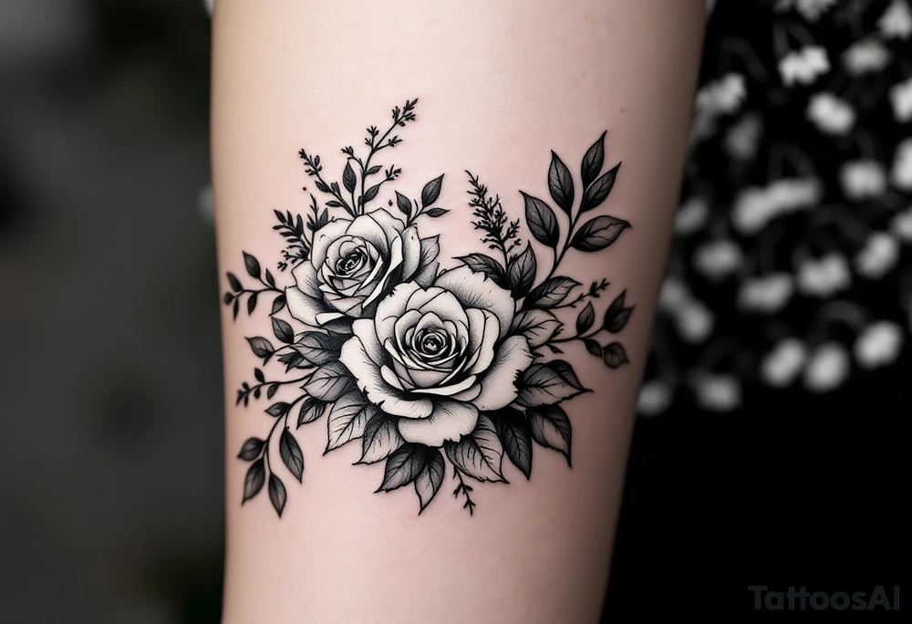 Rose vine and wild flowers, moon forest  and wrap around half sleeve tattoo idea