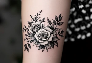 Rose vine and wild flowers, moon forest  and wrap around half sleeve tattoo idea