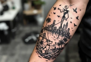 jack skellington with dog,smoking a blunt and fishing,surrounded by city buildings,golden gate bridge, birds, palm trees, tattoo idea