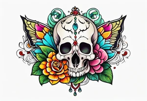 Neo traditional floral chest piece with animal skull and gems tattoo idea