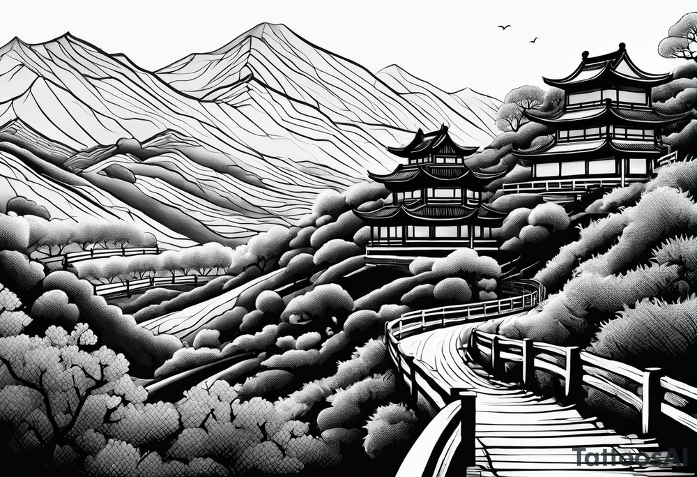 Chinese wall, realistic, art, hills, sideview tattoo idea