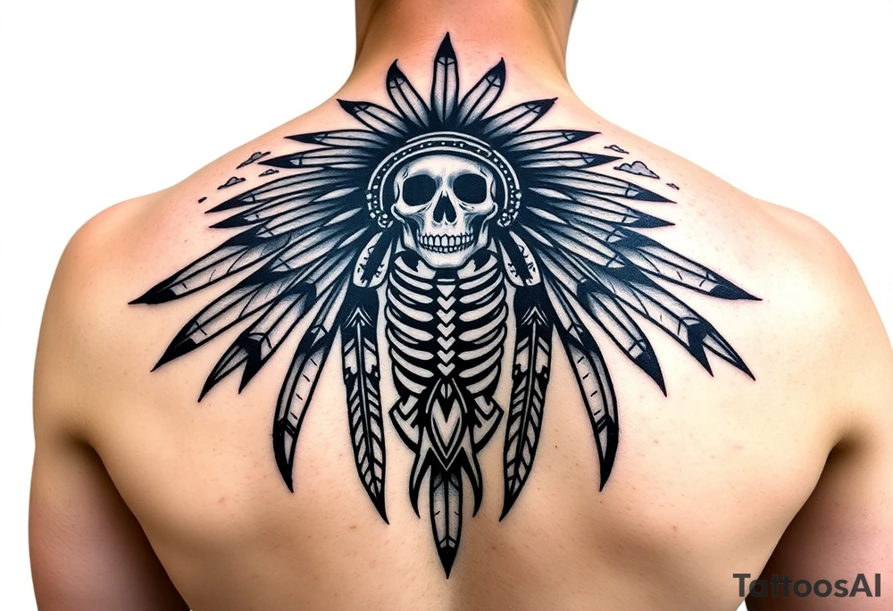 Traditional cherokee chief skeleton with spirit animals in the sky and moon and hazy clouds in the backdrop on shoulder tattoo idea