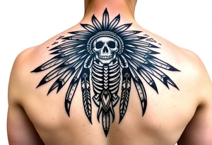 Traditional cherokee chief skeleton with spirit animals in the sky and moon and hazy clouds in the backdrop on shoulder tattoo idea
