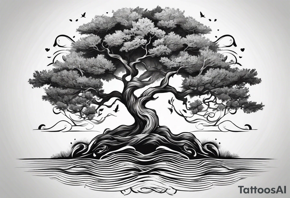 oak tree with phoenix  and roots growing around calming waves for forearm tattoo idea