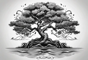 oak tree with phoenix  and roots growing around calming waves for forearm tattoo idea