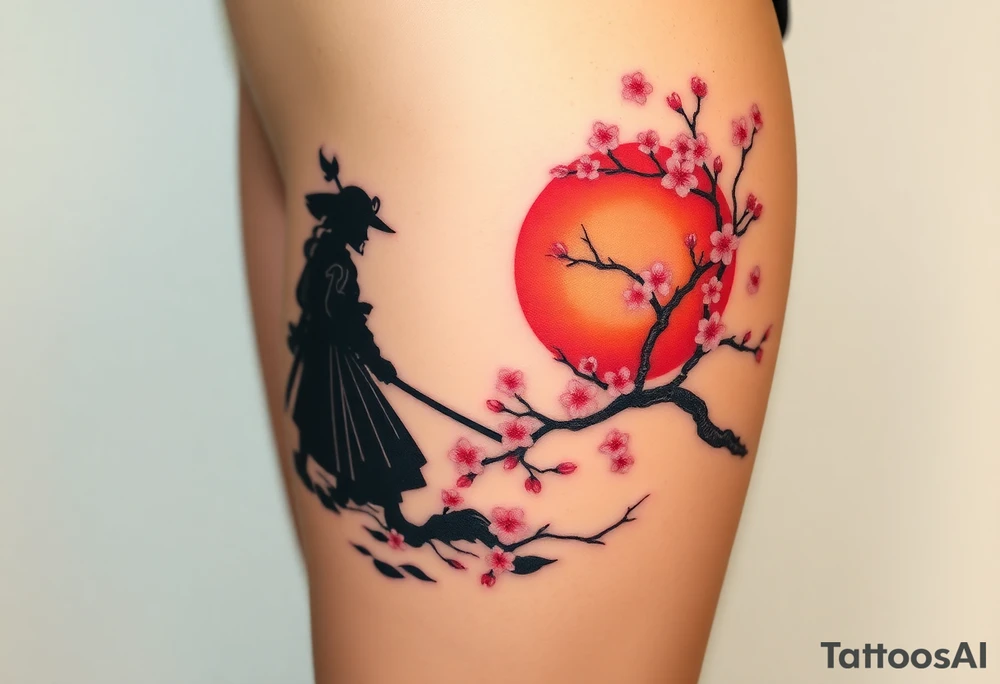 noble samurai warrior silhouette at sunset with cherry blossoms tattoo idea