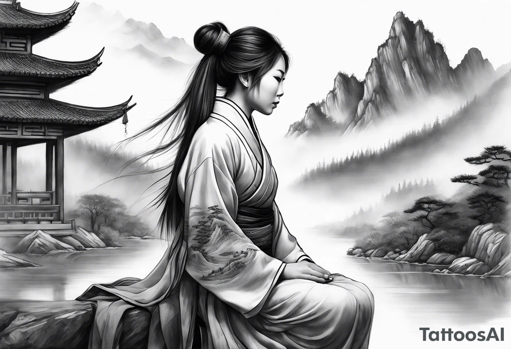 forearm sleeve traditional chinese art painting style autumn mountains mist fog water Chinese temple female with pony tail wearing robes seated meditating in the distance tattoo idea