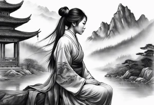 forearm sleeve traditional chinese art painting style autumn mountains mist fog water Chinese temple female with pony tail wearing robes seated meditating in the distance tattoo idea
