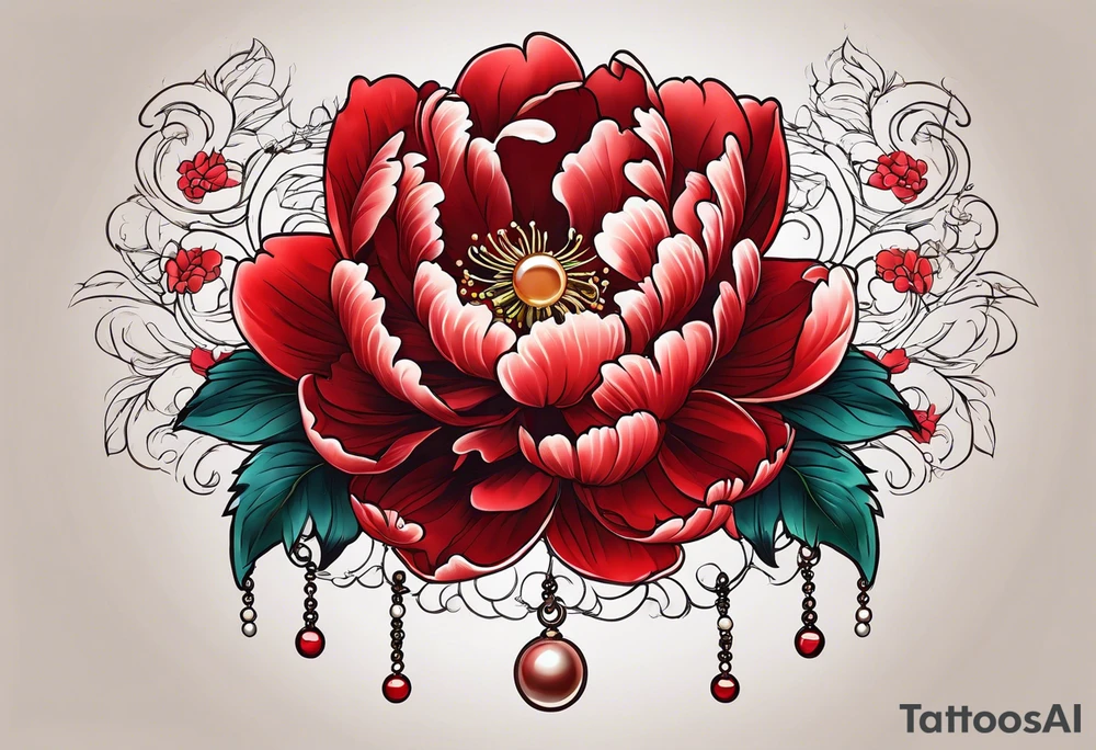 Red peony with dangling pearl necklace with rabbit on top tattoo idea