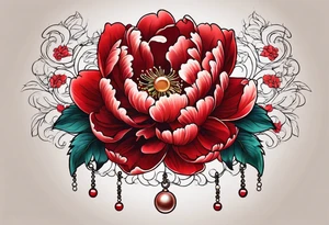 Red peony with dangling pearl necklace with rabbit on top tattoo idea