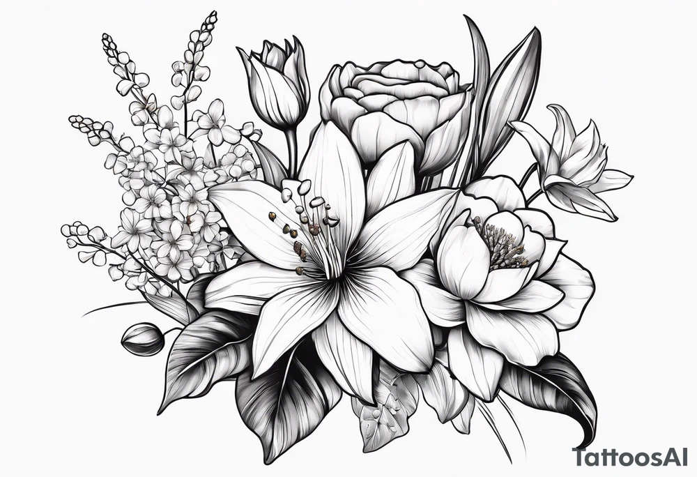 A bouquet of flowers with a water lily, gladiolus, poppy, lily of the valley, daffodil, and a honey suckle. With long stems and tied with a bow tattoo idea