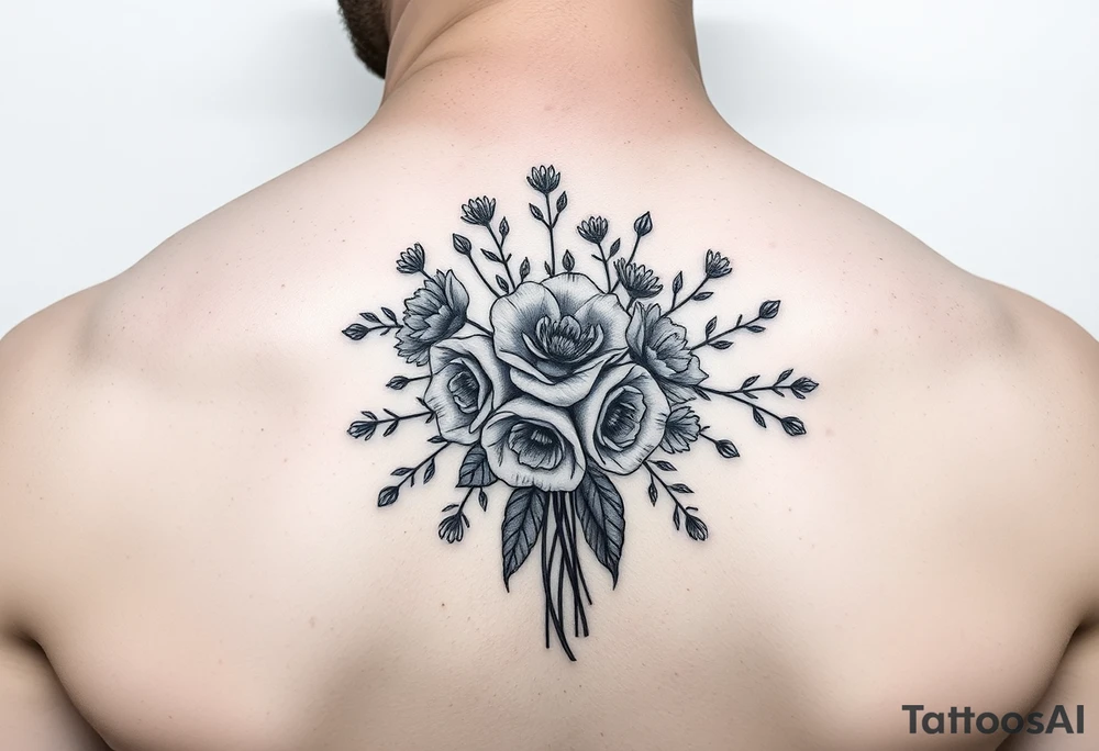 vintage bouquet of wild roses and meadow flowers with morning dew tattoo idea