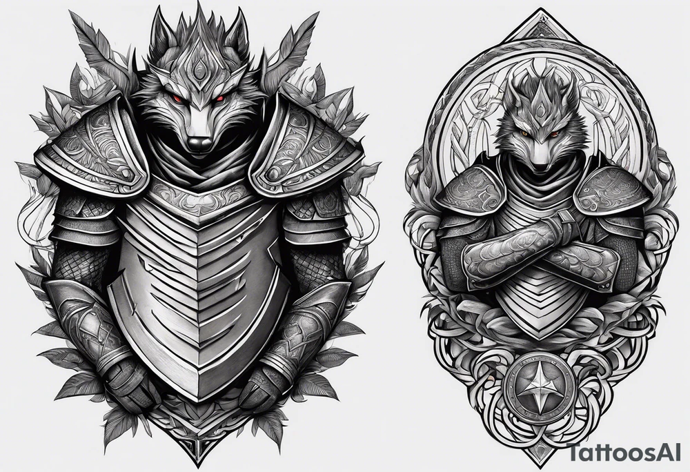 half sleeve, upper arm and shoulder, leather armor.  The crest on the shoulder is an ouroboros whose head is from the Where the Wild Things Are book tattoo idea