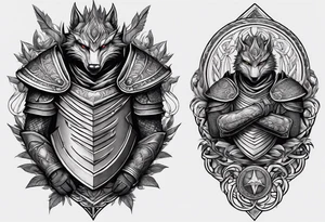 half sleeve, upper arm and shoulder, leather armor.  The crest on the shoulder is an ouroboros whose head is from the Where the Wild Things Are book tattoo idea