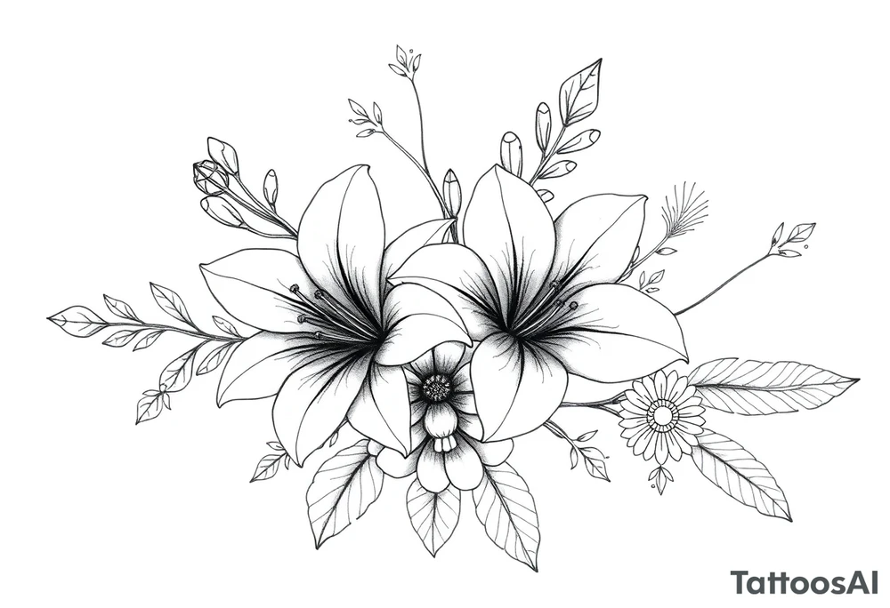 floral composition for sleeve of lycoris flowers with japanese vibe, mutiple ornemental patern and leaf, dot geometric ornement, tattoo idea