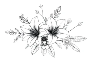 floral composition for sleeve of lycoris flowers with japanese vibe, mutiple ornemental patern and leaf, dot geometric ornement, tattoo idea