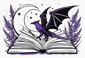 a small open fantasy book. a high flying dragon. A fallen pawn. a cluster of lavender wrapped around a sword with a bee. A tiny raven. Stars and crescent moon. tattoo idea