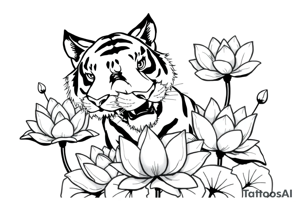 fierce tiger emerging through blooming lotus flowers in mist tattoo idea