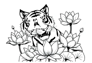 fierce tiger emerging through blooming lotus flowers in mist tattoo idea