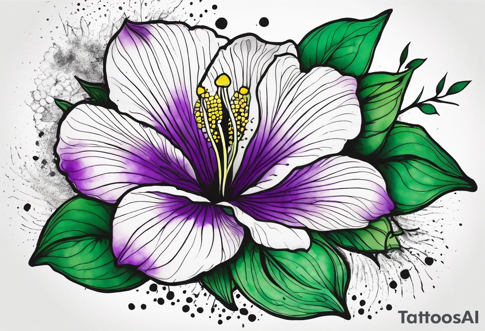 An outline of a rio dipladenia flower with a mystical green/purple watercolor splash in the background tattoo idea