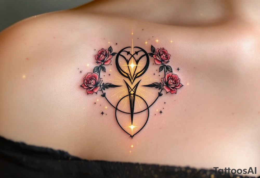 A mystical rune of love with golden light, surrounded by a faint magical aura. The symbol itself is engraved with sharp, symmetrical lines, and small roses wrap around the edges. The tattoo evokes timeless love, with deep red accents and delicate glowing stars scattered around it. tattoo idea
