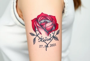 A delicate rose intertwined with clock hands, marking the exact birth time and name "Kevin" and date 27. 04. 2021, in deep red, blush pink, and soft grays tattoo idea