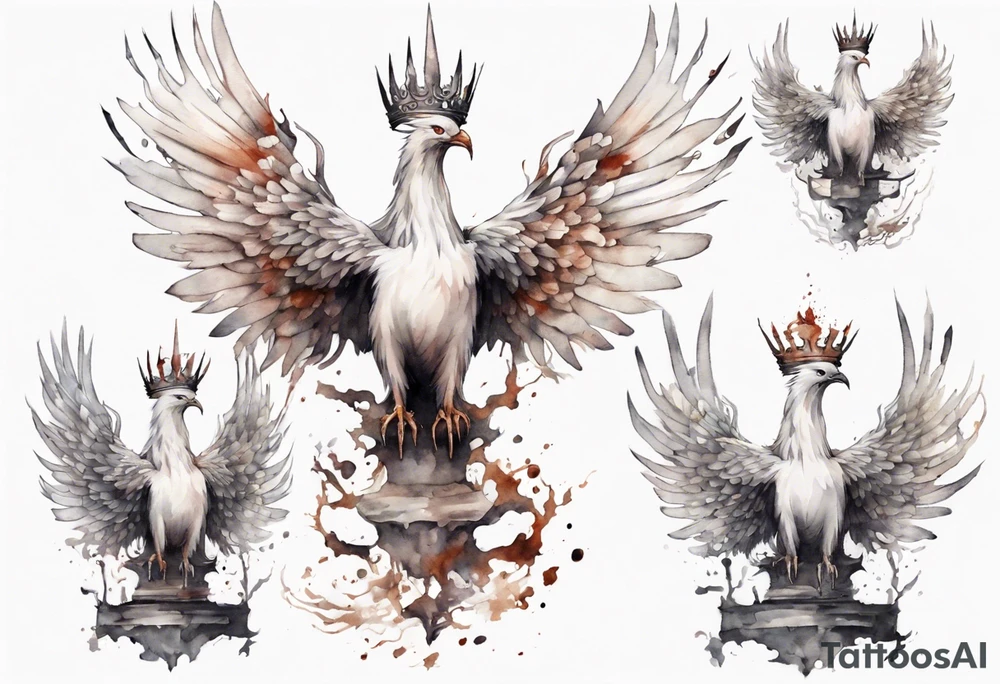 a white phoenix wearing rusty iron crown, perched on a throne tattoo idea
