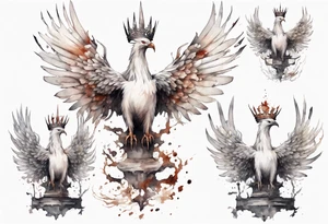 a white phoenix wearing rusty iron crown, perched on a throne tattoo idea