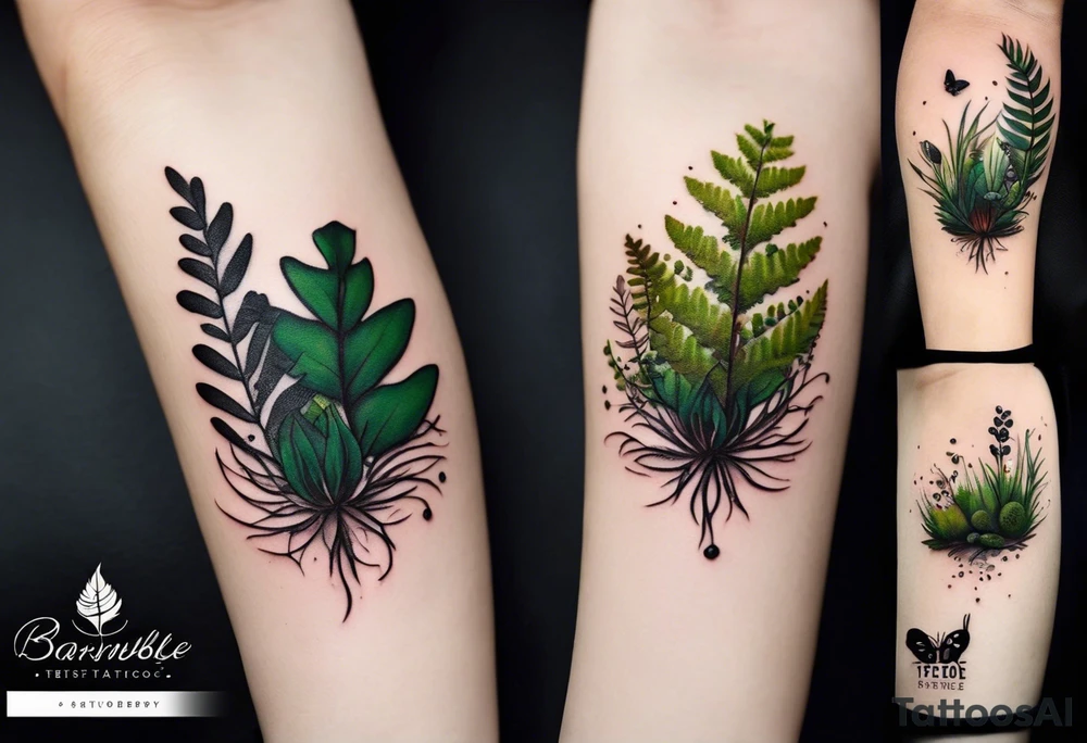 forest floor inspired minimalist tattoo, which includes grass, curly ferns, moss and dead leaves as the bulk of the tattoo. details to include: forest berries, a tiny bumblebee flying nearby, three small brown mushrooms
Generate a vertically long one tattoo idea