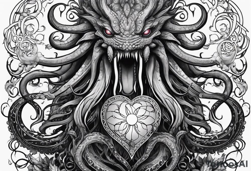 Long tattoo for arm. Lovecraftian creature protecting heart with tentacles. tattoo idea