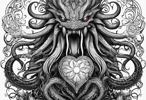 Long tattoo for arm. Lovecraftian creature protecting heart with tentacles. tattoo idea