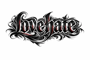Textured font 'lovehate' in charcoal with deep red highlights.combine the two words to make one word tattoo idea