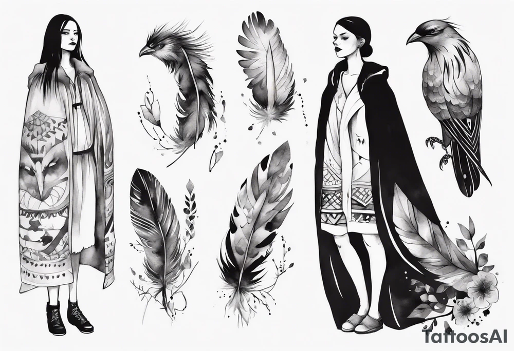 a beautiful Scandinavian woman with a feathered cloak tattoo idea