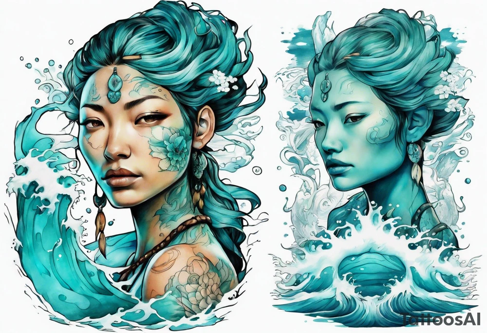 a turquoise Na'vi woman standing in the sea surrounded by crashing waves tattoo idea