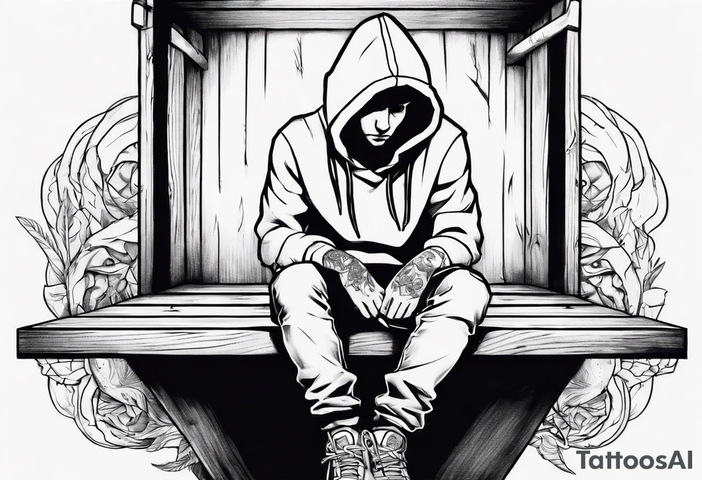 A guy in a hoodie sitting on a wooden box, looking down. tattoo idea