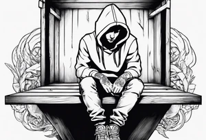 A guy in a hoodie sitting on a wooden box, looking down. tattoo idea