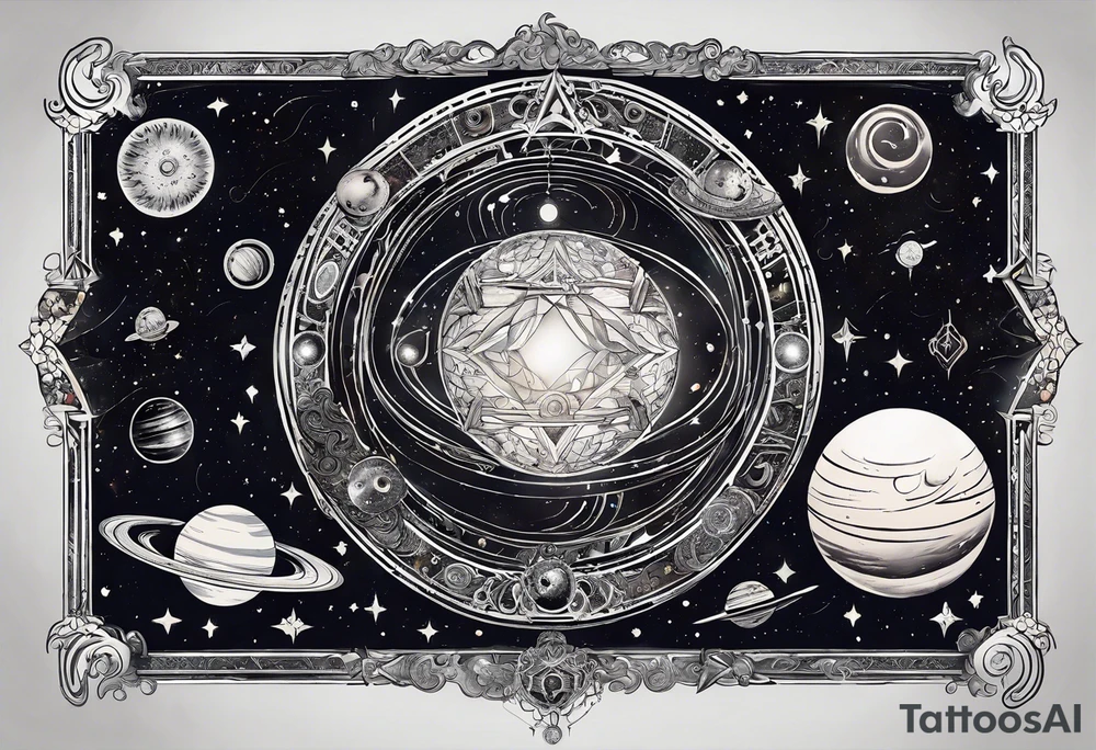 A tattoo featuring a cosmic scene with planets, black holes, and supernovae intertwined with intricate linguistic symbols, reflecting the client's interests in cosmology and linguistics. tattoo idea