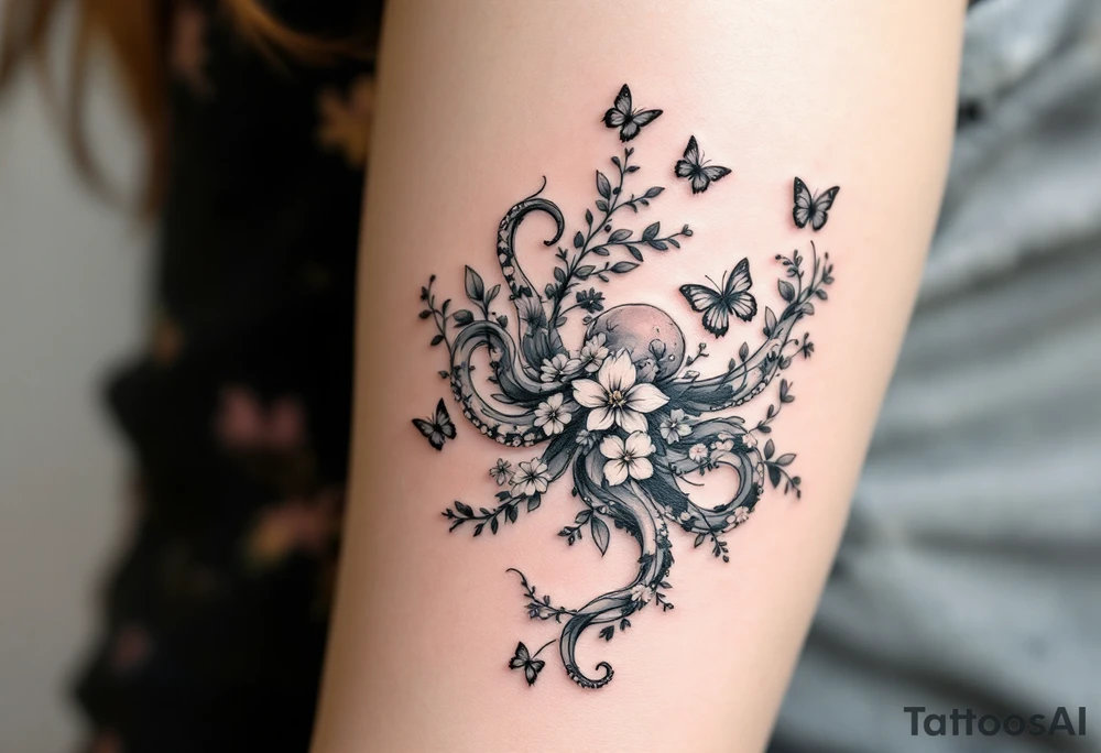 A fine-line tattoo design of a single octopus made entirely of flowers and butterflies. The octopus’s tentacles are shaped like flowing floral vines with leaves and petals, and its body is composed of overlapping blossoms and butterfly wings. The style is minimalist, elegant, and nature-inspired, with delicate black and grey lines, soft shading, and no outlines. No aquatic or marine elements besides the floral octopus. The design flows organically down the upper arm or shoulder, with a light, airy, and poetic feel. tattoo idea