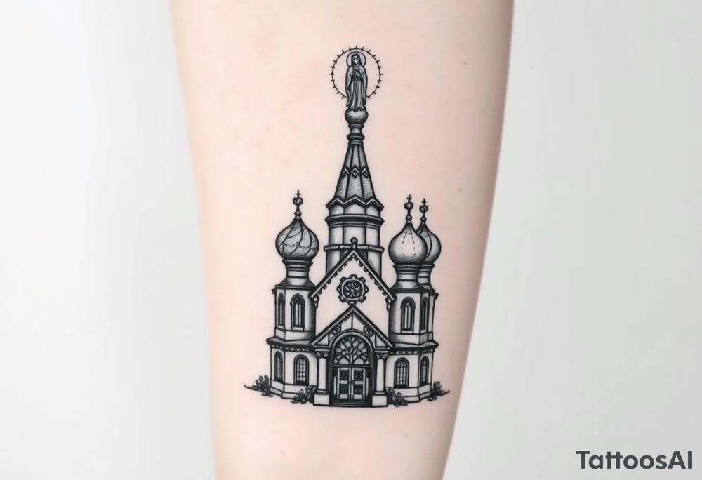 in a dorsal view a detailed medium sized country style russian orthodox church with onion domes and a band at the front with mist shrouding the top and fading into a virgin mary overlooking above at the top tattoo idea