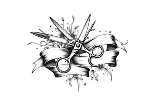 Ornate scissors and comb clippers tint brush wrapped around ribbon tattoo idea