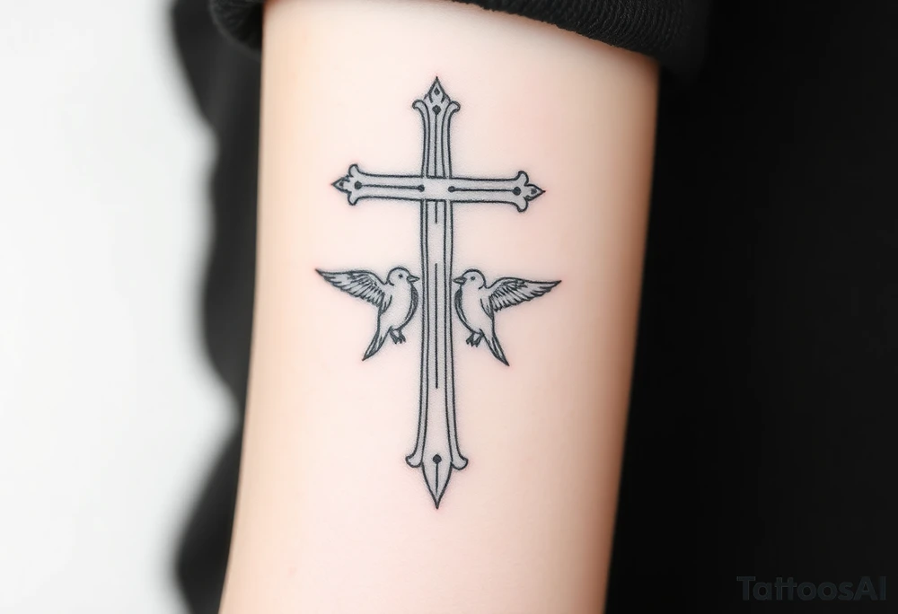 Weathered cross with 4 birds tattoo idea