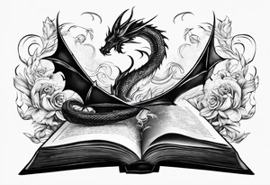 an empty open book with a sword through it, dragonwings and sparks surrounding the book. tattoo idea