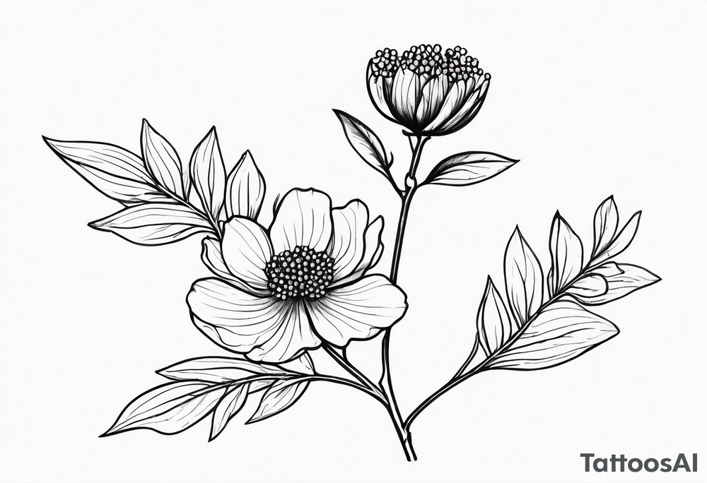 one very simple and no detailed golden wattle flower with stem in black and white, the few lines possible, fine-line tattoo idea