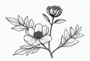 one very simple and no detailed golden wattle flower with stem in black and white, the few lines possible, fine-line tattoo idea