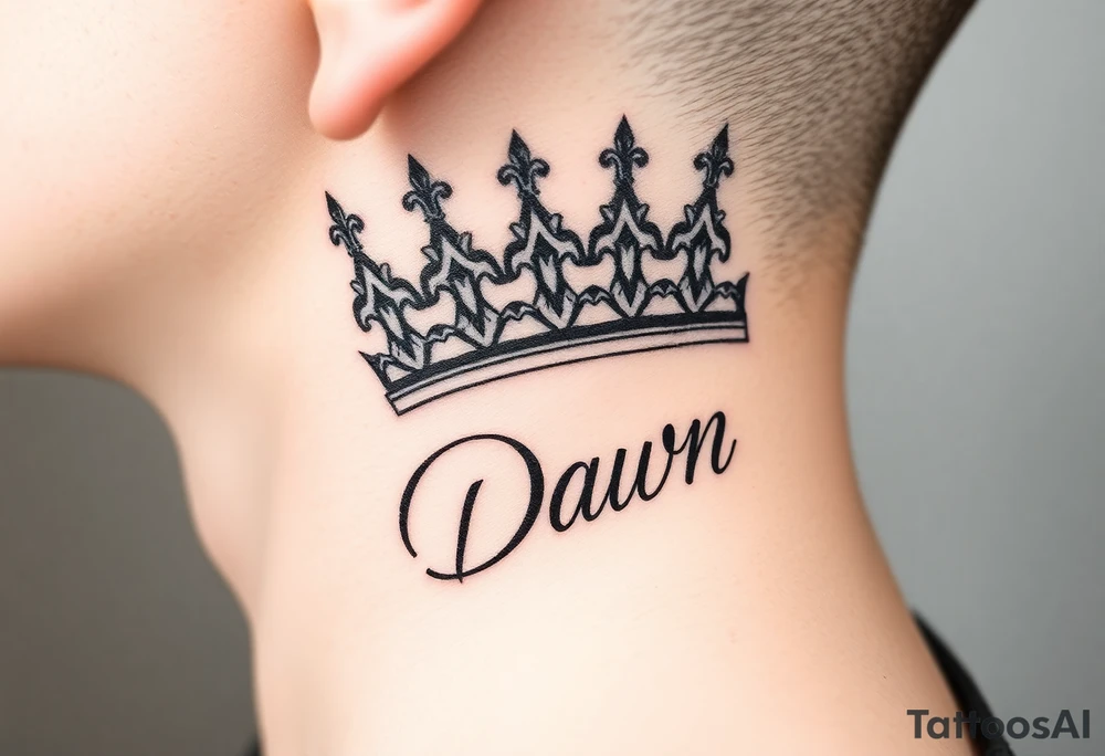 Crown with name Dawn on side of neck tattoo idea