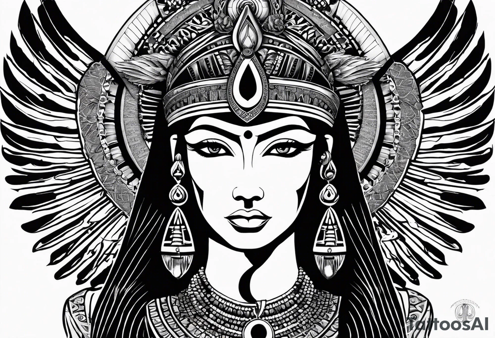 black and white Egyptian goddess Isis, who is often depicted as a woman with outstretched wings, holding an ankh (a symbol of life) in one hand and a lotus flower in the other. Her headdress often includes a throne or a solar disk. The tattoo design can vary in style and size, but it typically aims to capture the essence of this revered Egyptian deity, emphasizing her beauty, power, and maternal qualities. The choice of colors and additional elements can also be customized to create a unique and visually striking representation of the goddess Isis tattoo idea